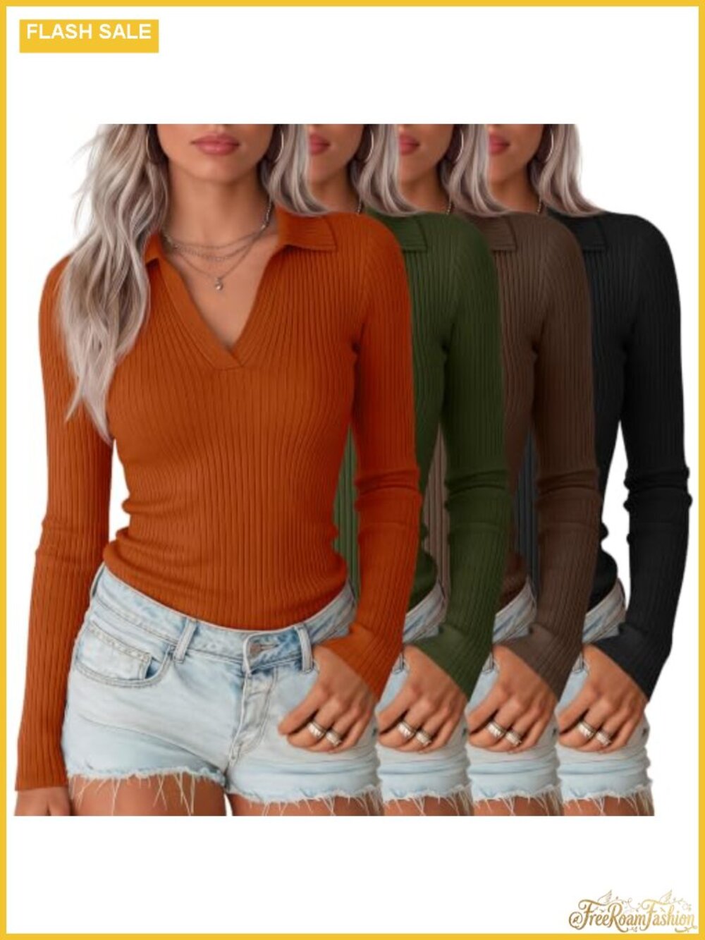 Womens Long Sleeve V-Neck Polo Shirts 4 Pack Cotton Spandex Ribbed Knit Tops